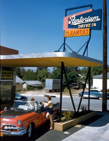 Photo showing: Pantorium Drive-In -- June 1956. Aspects of life in Southern California, including cars at drive-in laundry.