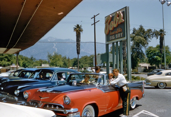 Photo showing: Custom Royal -- June 1956. Aspects of life in Southern California, including cars at drive-in restaurant.