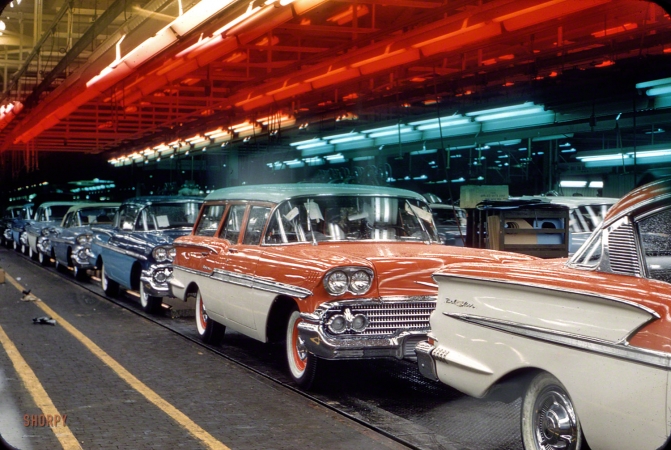 Photo showing: The New Chevrolet -- October 1957. Assembly line with 1958 Chevrolets.