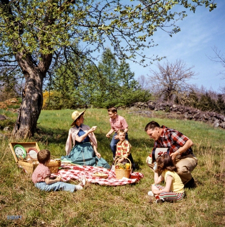 Photo showing: A Sandwich for Junior -- May 3, 1955. Family picnicking and barbecuing outdoors.