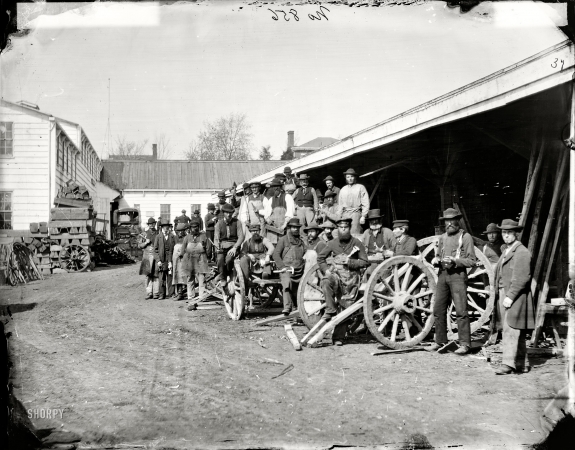 Photo showing: Wheelwright Shop -- March 1862. Washington, District of Columbia. Government repair shops -- wheelwright shop.