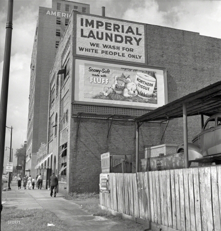 Photo showing: White Wash -- 1951. Segregation in the South. Imperial Laundry sign -- We wash for white people only.