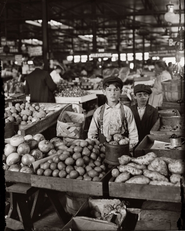 Photo showing: Indianapolis Fruit Market -- Boys selling fruit and vegetables, August 1908.