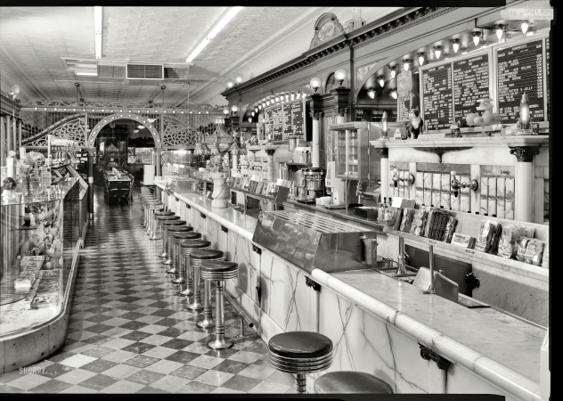 Photo showing: Zaharako Bros. -- April 1974. Columbus, Indiana. Zaharako Bros. Ice Cream Parlor, 329 Washington St.