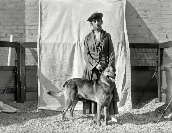 Photo showing: Kennel Club -- April 1916. Mme. DeLeon and German sheep dog. The fifth annual
Washington, D.C., Kennel Club dog show, at the Riding and Hunt Club. 