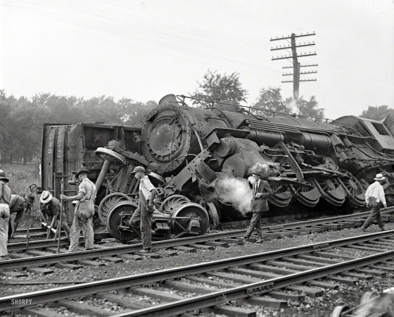 Photo showing: Off the Rails -- July 31, 1922. Laurel, Maryland. Two B&O freights wrecked in head-on crash at Laurel switch.