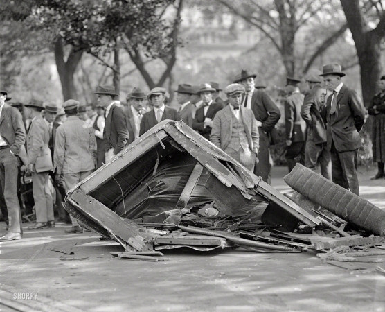 Photo showing: Flattened -- Washington, D.C., 1923. Assistant Postmaster General John Bartlett's car after wreck.