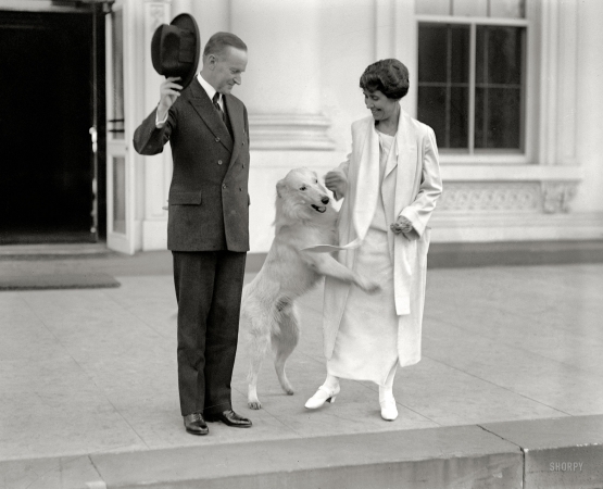 Photo showing: Politically Incorrect -- November 5, 1924. President & Mrs. Coolidge acknowledge greetings from crowd on morning after election.