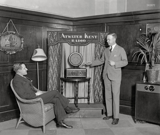 Photo showing: Before Surround Sound -- Washington, D.C., circa 1928. Atwater Kent radio demo.