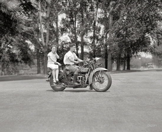 Photo showing: Sidesaddle Biker -- Washington, D.C., 1929. A Henderson motorcycle.