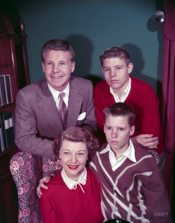 Photo showing: Full Nelson -- January 1953. Ozzie, Harriet, David, and Ricky Nelson of  television show 'The Adventures of Ozzie and Harriet'.