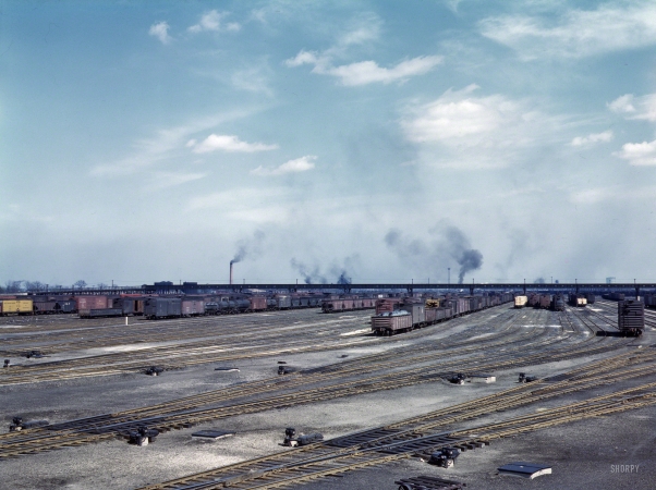 Photo showing: Proviso Yard, Chicago -- April 1943. General view, classification yard at Chicago & North Western RR's Proviso yard.