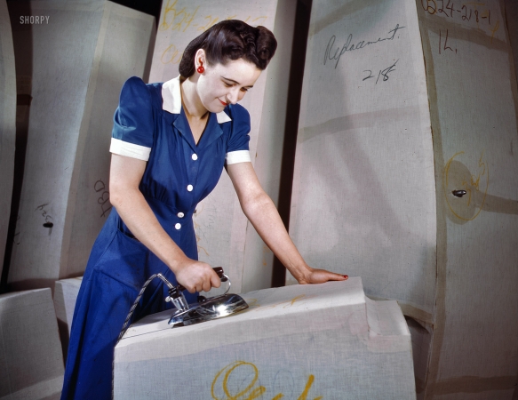 Photo showing: Irma the Ironer -- Manufacture of self-sealing gas tanks, Goodyear Tire & Rubber Co., Akron, Ohio, December 1941.