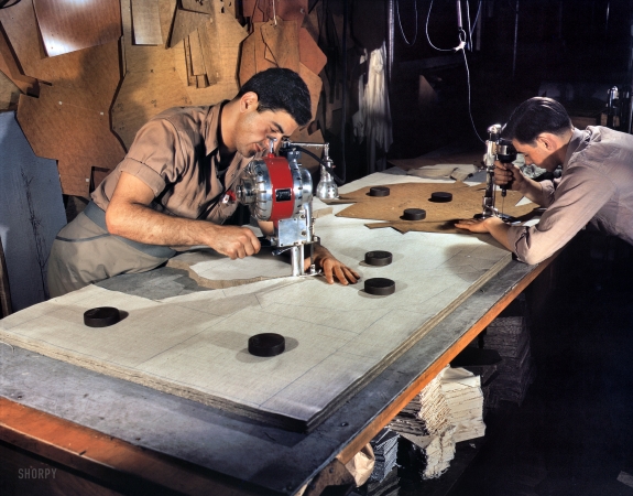 Photo showing: Pioneer Parachute Packs -- Manchester, Connecticut, 1942. Cutting and drilling parachute packs, Pioneer Parachute Company.