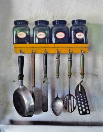 Photo showing: Mint, Sage, Caraway and Thyme -- July 1942. Herbs and kitchen utensils in a house in Birmingham, Michigan.