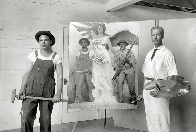 Photo showing: Artist and Model -- Washington, D.C., circa 1918. Gerrit A. Beneker with model for Partners for Victory poster.