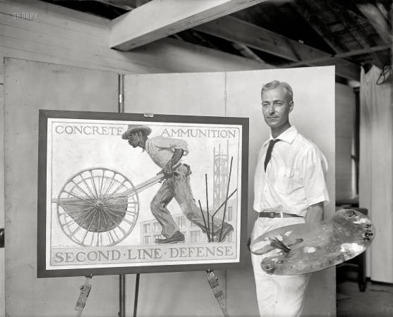 Photo showing: The Art of War -- Washington, D.C., circa 1918. U.S. Department of Labor. Artist (Gerrit A. Beneker) with war poster.
