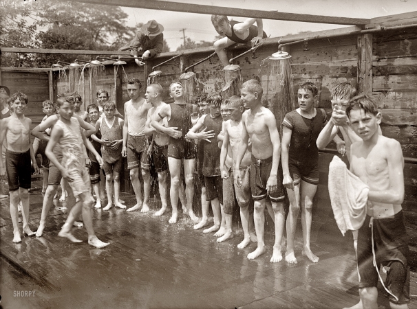 Photo showing: Happy Campers -- July 16, 1917. Peekskill, New York. Boys' shower, State Camp for Field Training.