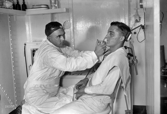 Photo showing: Up Your Nose -- New York, June 1918. Nasal Spray - Laboratory for eye, ear, etc. aboard hospital ship Comfort.