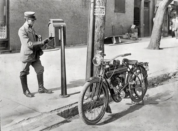 Photo showing: The Flying Merkel -- Circa 1915, location unknown. Mailman & motorcycle.