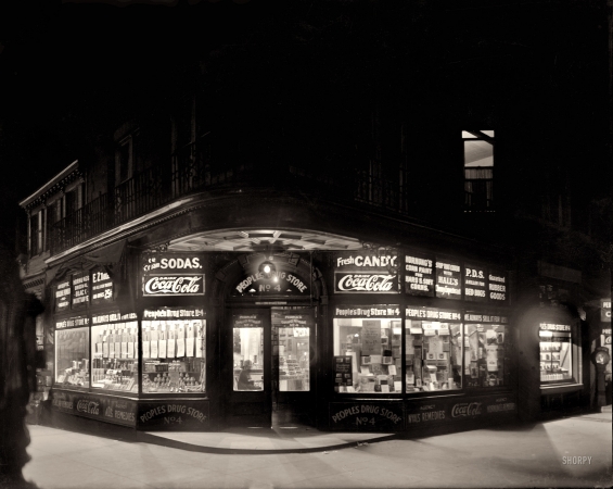Photo showing: Drug Store Noir -- Washington, D.C., circa 1920. People's Drug Store, 7th and M.