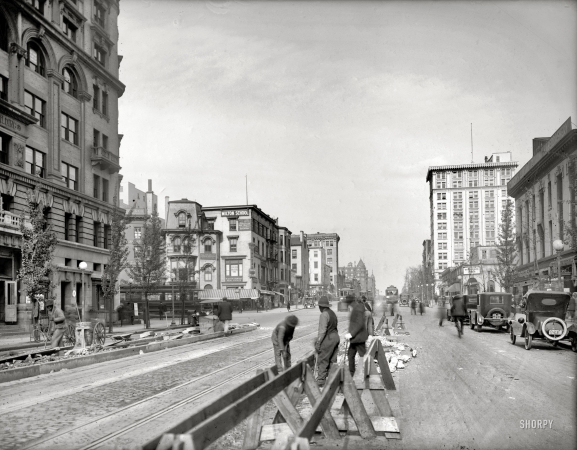 Photo showing: Dig We Must -- Washington, D.C., 1920. Street scenes, 14th & New York Avenue.