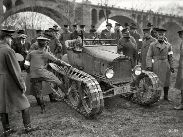 Photo showing: Tractor Pull -- February 1921. Washington, D.C. Army car at Connecticut Avenue Bridge.