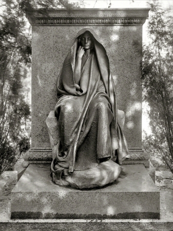 Photo showing: Grief: 1915 -- Washington, D.C., circa 1915. Grief monument, Rock Creek cemetery. The timeless memorial by Augustus Saint-Gaudens.