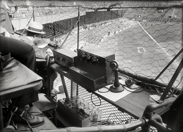 Photo showing: Play-by-Play -- Washington baseball, 1924. The broadcasting cage at Griffith Stadium.