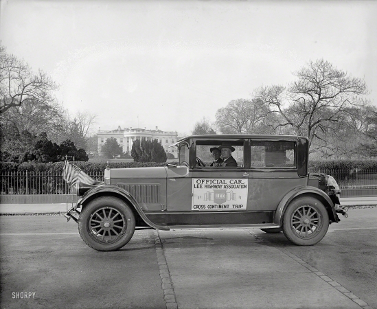 Photo showing: Road Trippers -- Circa 1926. Mrs. J.A. Whitcomb (Official Car, Lee Highway Association, Cross Continent Trip, at White House).