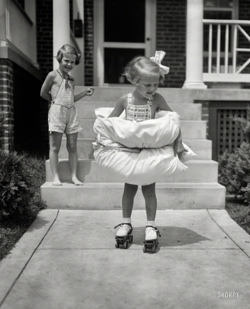 Photo showing: Betty Buck -- Aug. 8, 1936. Washington, D.C. Safety first for this Miss. Equipped with bumpers fore and aft,
4-year-old Betty Buck is taking no unnecessary chances as she tries her first pair of roller skates.