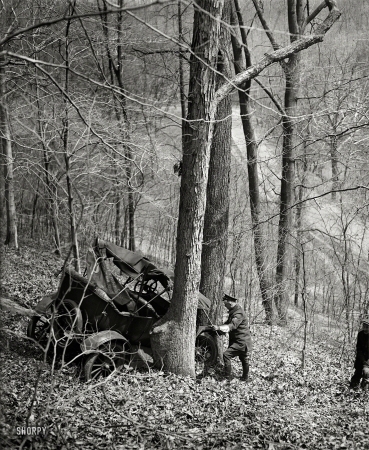 Photo showing: Crunch Time -- Washington, D.C., circa 1923. Auto crash in woods.