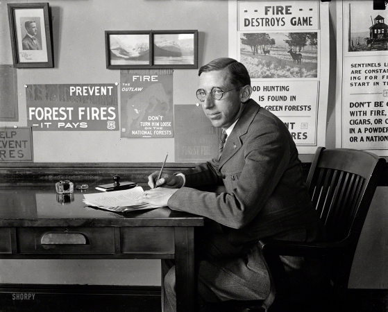 Photo showing: Smokey the Bureaucrat -- April 1923. Washington, D.C.. Another unlabeled Harris & Ewing plate, showing someone
we imagine to be the bureaucrat tasked with writing fire-prevention slogans.