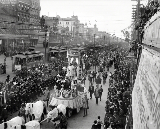 Photo showing: Bon Temps Roulez -- Feb. 27, 1900. Mardi Gras procession on Canal Street, New Orleans.