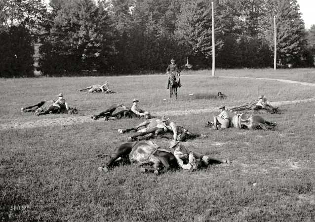 Photo showing: Parade Rest -- Orchard Lake, Michigan, circa 1900. Cavalry detachment, throwing horses. Michigan Military Academy.