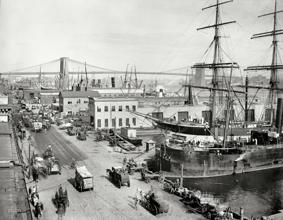 Photo showing: The Tall Ships -- New York circa 1901. South Street and Brooklyn Bridge.