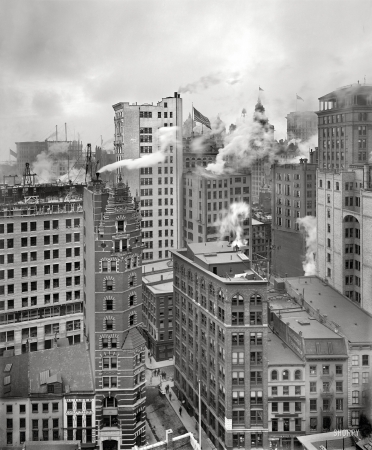 Photo showing: Skyscraper Cluster -- New York, circa 1901. Water vapor venting from the municipal steam system.
