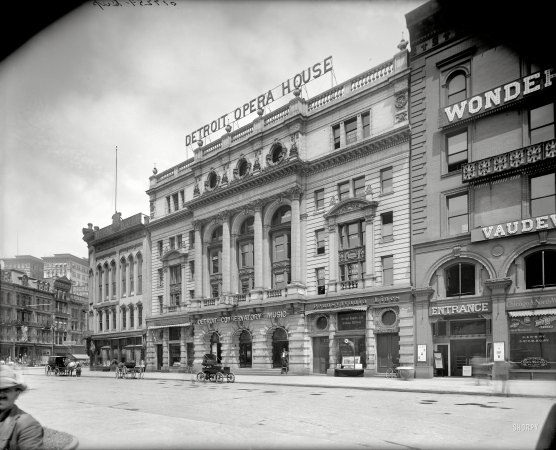 Photo showing: Detroit Opera House -- Circa 1904. Also, an electric runabout and electric carriage call sign.