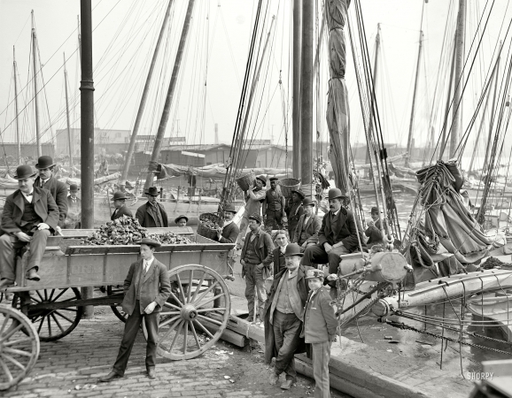 Photo showing: The Oyster Wagon -- Unloading oyster luggers at Baltimore, circa 1905.