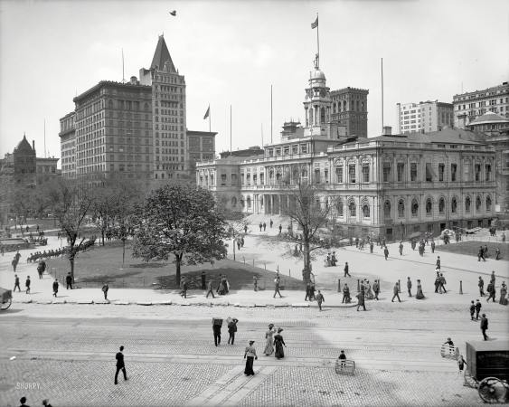 Photo showing: City Hall Park -- Manhattan circa 1905. City Hall and Park, New York.