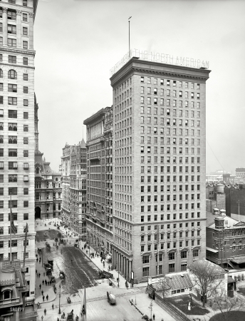 Photo showing: Philly Buildings --  North American, Real Estate Trust, City Hall and Land Title Building. Philadelphia circa 1905.