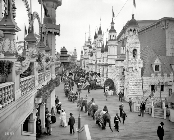 Photo showing: Pachyderm Promenade -- New York circa 1905. Coney Island -- Luna Park promenade. Elephants on parade.