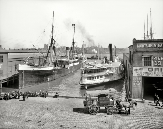 Photo showing: New York Piers -- Piers at foot of Wall Street. Steamship Curity and sidewheeler Nantasket, circa 1905.