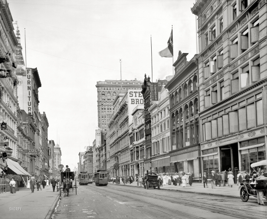 Photo showing: West 23rd Street -- New York circa 1908. Taken from Sixth Avenue. At center, the Flatiron Building.