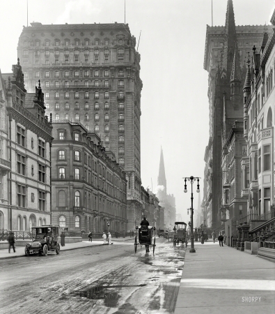 Photo showing: On the Avenue -- New York circa 1905. St. Regis and Gotham hotels. Looking south along Fifth Avenue at East 56th Street.