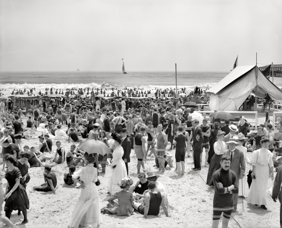 Photo showing: A Day at the Beach -- Circa 1908. Atlantic City, N.J. -- the bathing hour.