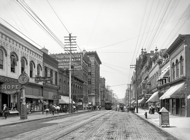 Photo showing: He Makes Shirts -- Knoxville, Tennessee, circa 1905. Looking north on Gay Street from near Clinch Avenue.