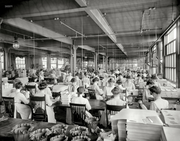 Photo showing: Binding Operations -- Dayton, Ohio, circa 1902. Binding department, National Cash Register.