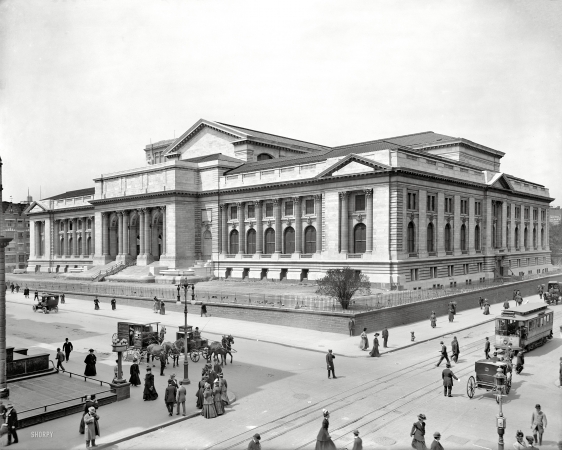 Photo showing: The New York Public Library -- Circa 1908, still under construction, before the lions Patience and Fortitude were in place.