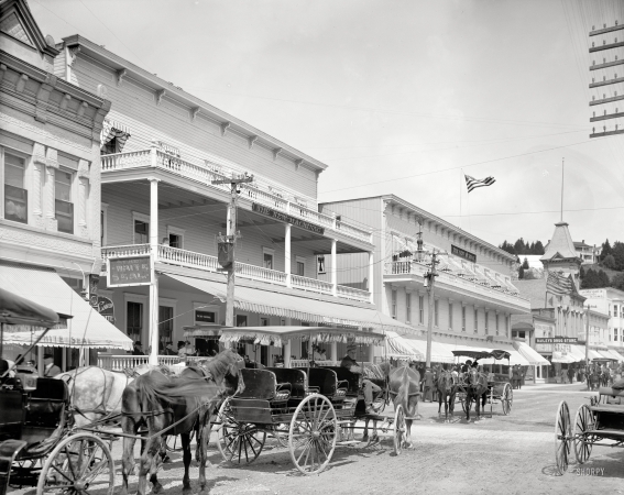 Photo showing: Mackinac Surreys -- Mackinac Island, Michigan, circa 1908. New Mackinac and New Murray Hotels.